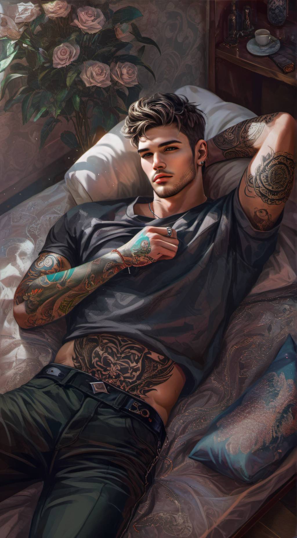 ai character: Books and Scars background
