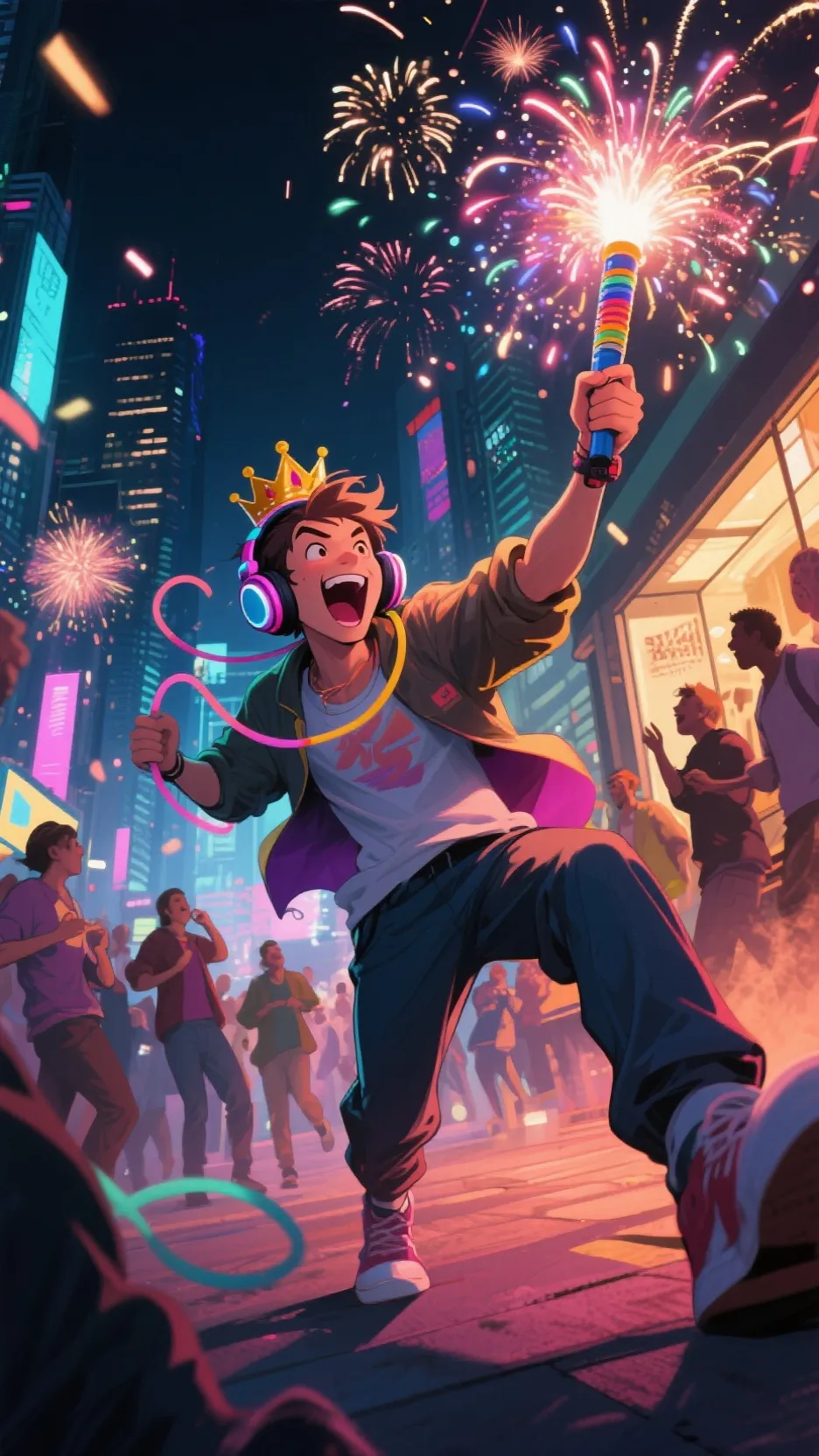 ai character: fireworks at faces background