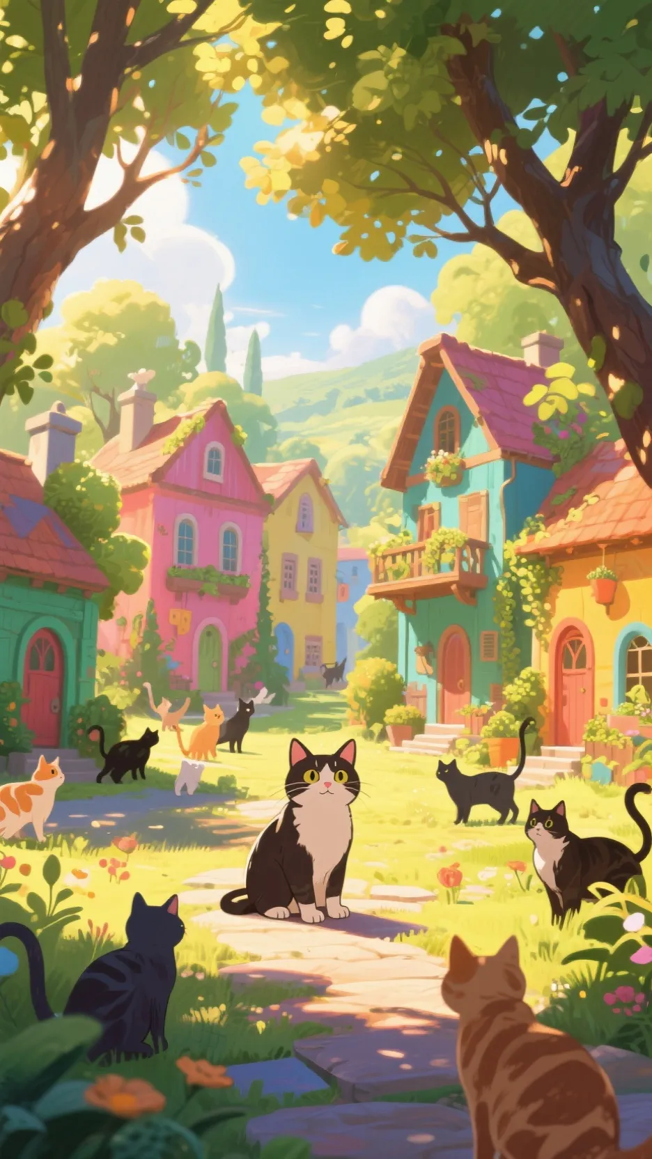 ai character: cat village background