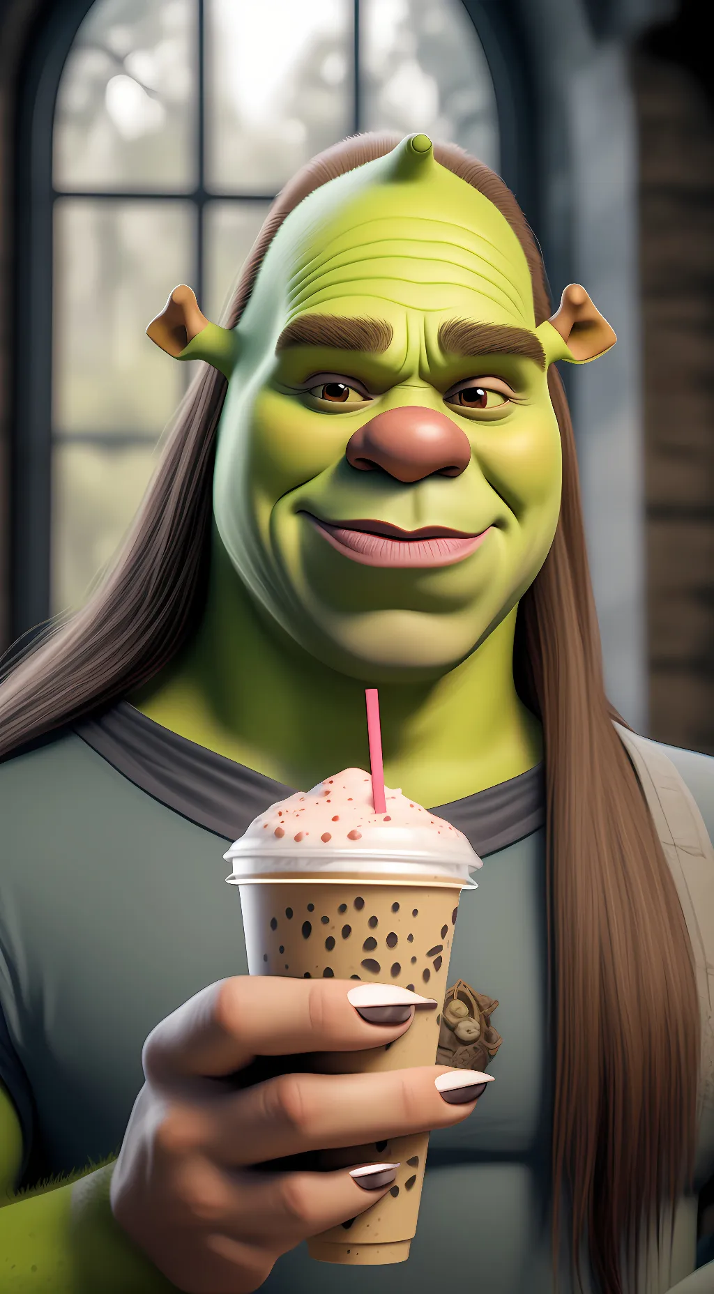ai character: baddie shrek 🙄😩💅🧋 background