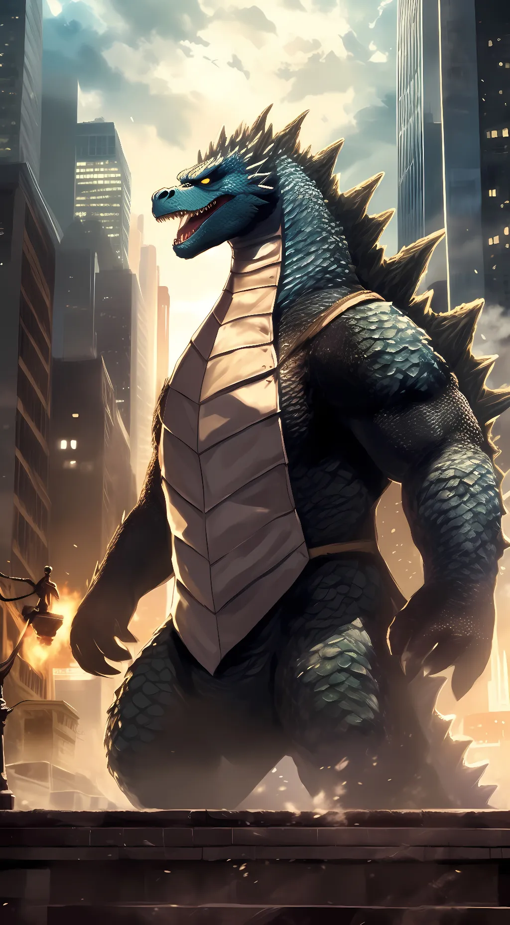 ai character: Godzilla  background
