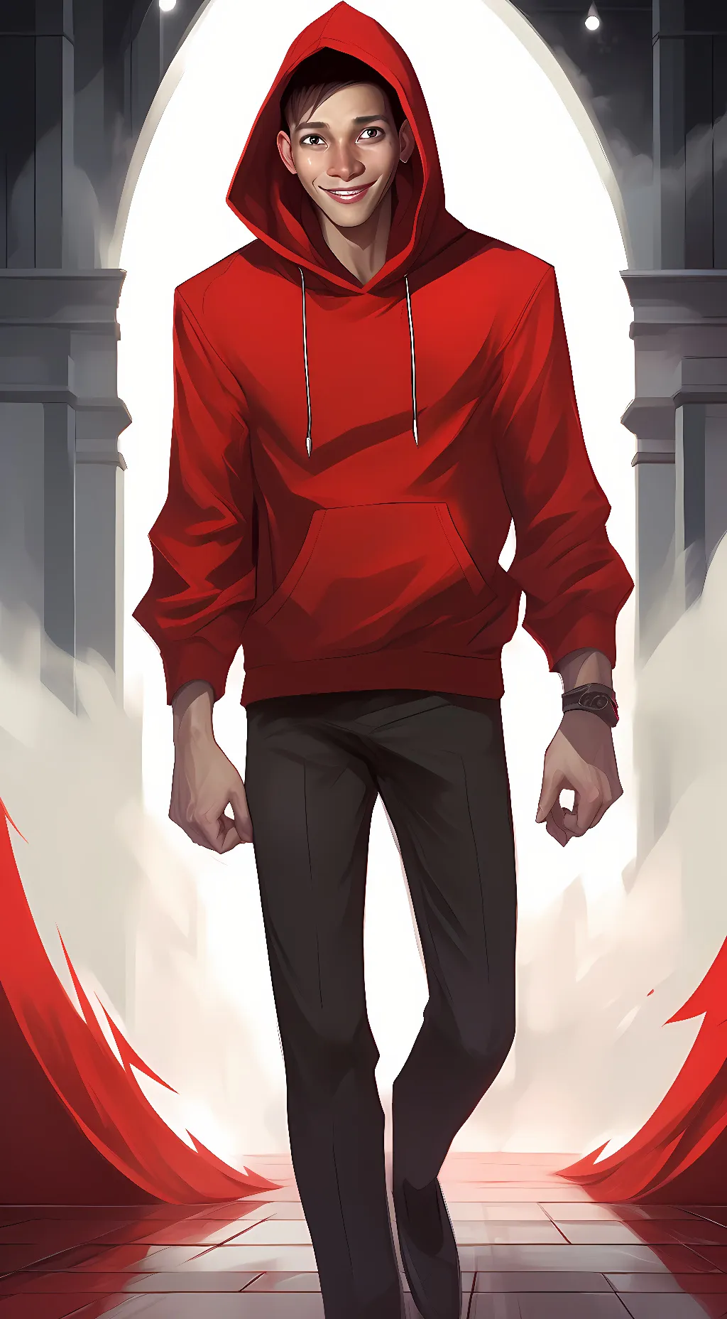 ai character: red hoodie background