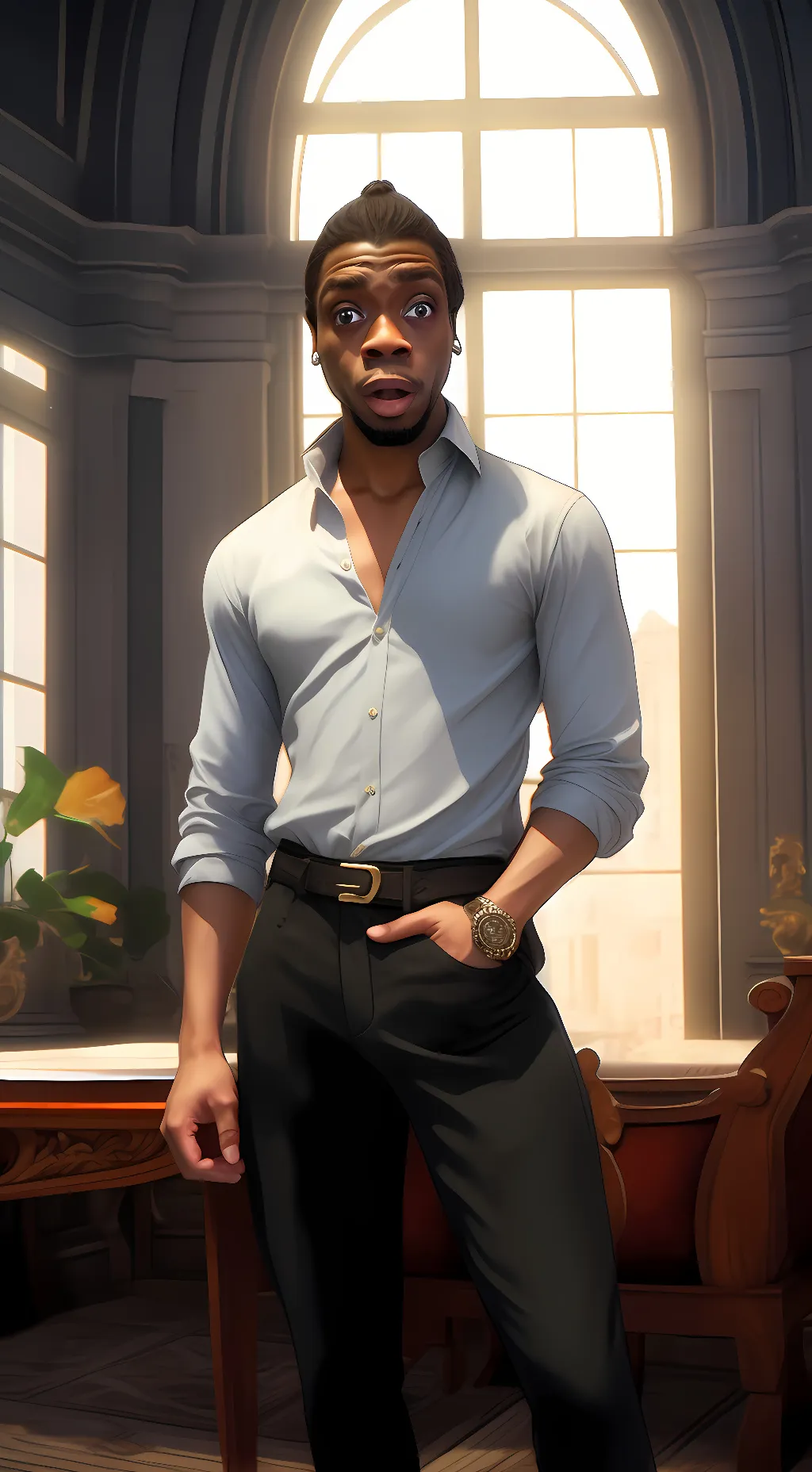 ai character: Shocked black guy background