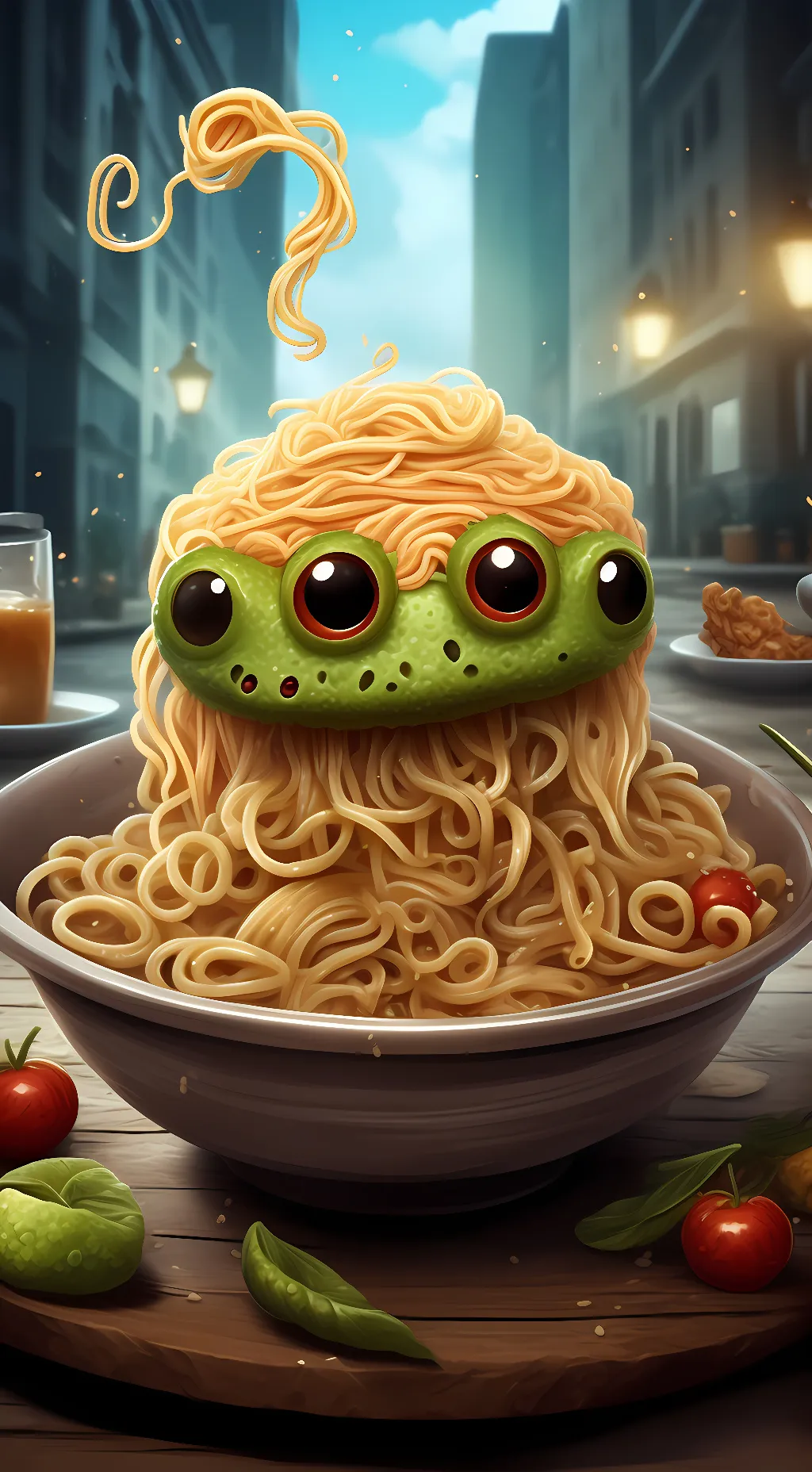ai character: flying Spaghetti m background