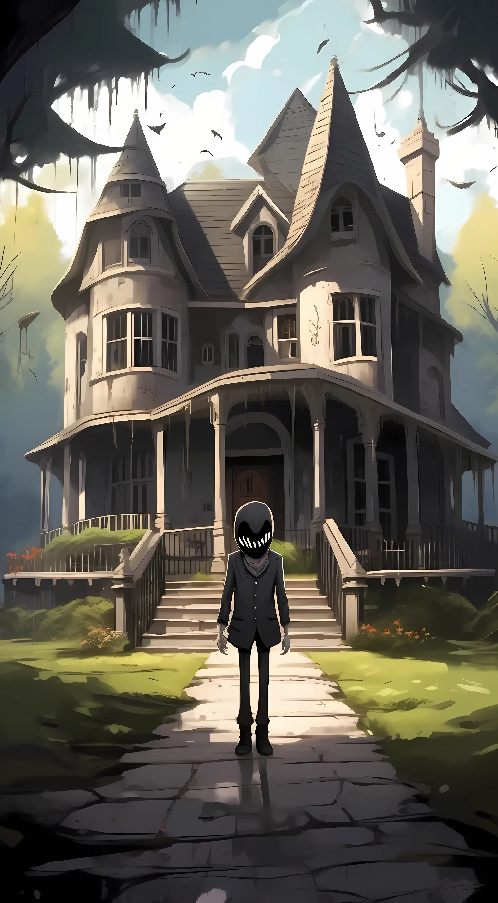 ai character: Slenderman mansion background