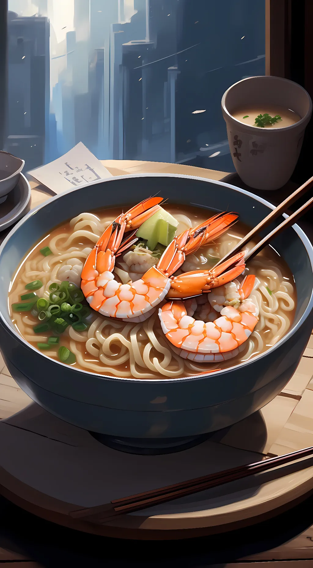 ai character:  shrimp ramen background