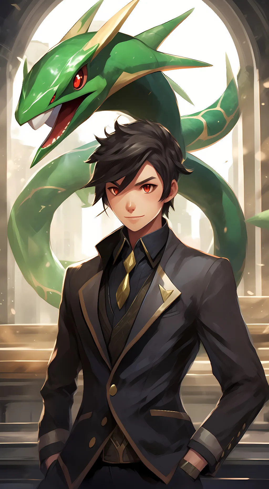 ai character: rayquaza and ash background