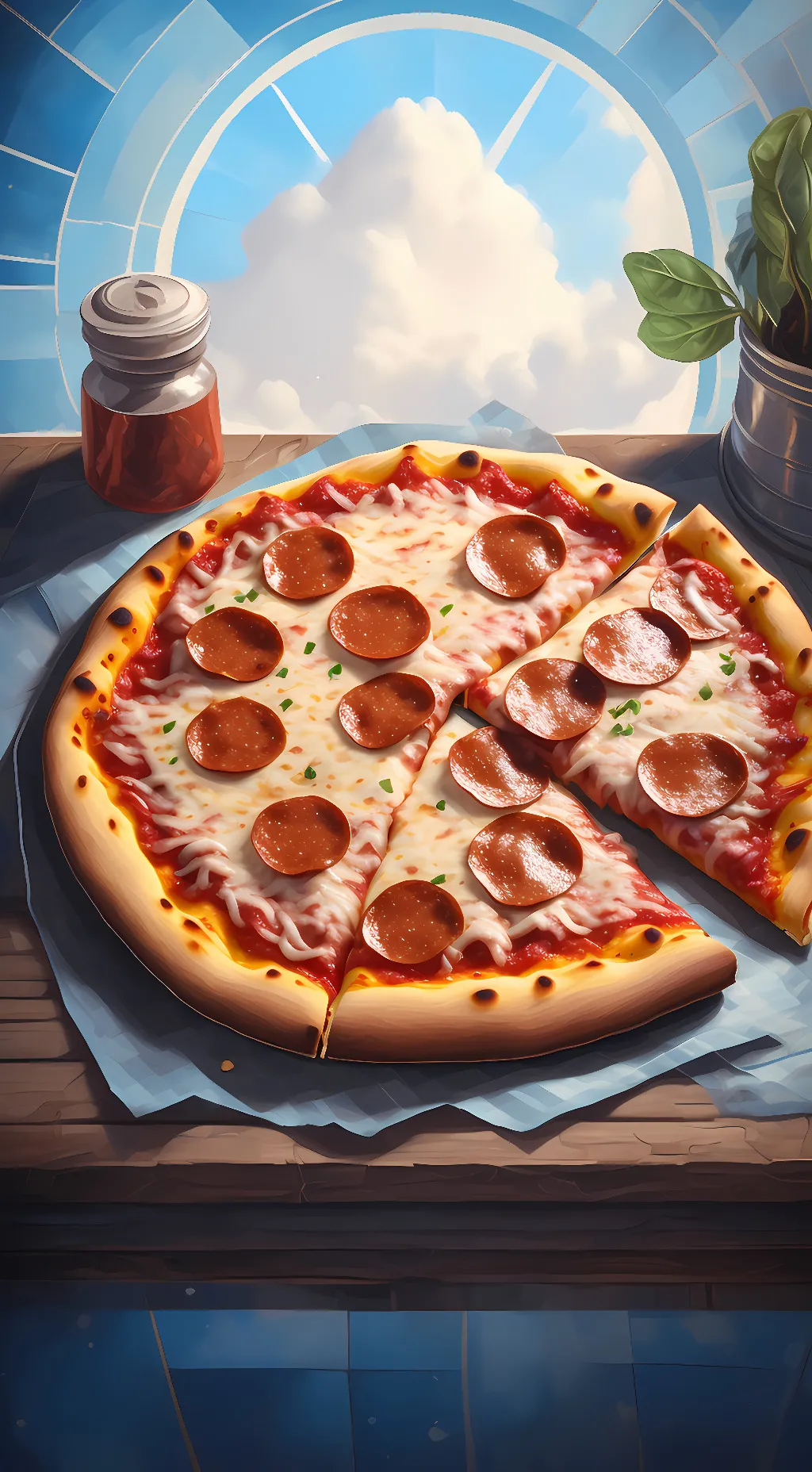 ai character: dominous pizza background