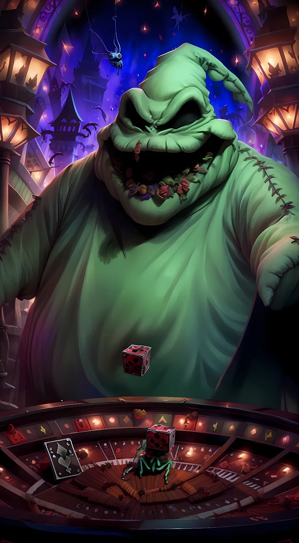 ai character: Mr. oogie boogie  background