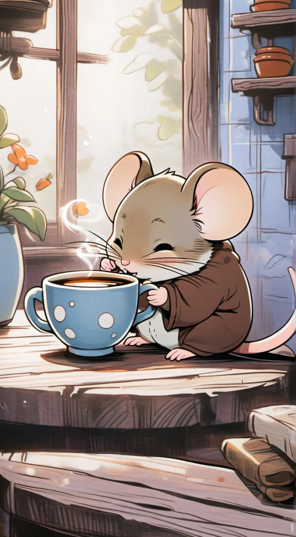 ai character: tiny cafe background