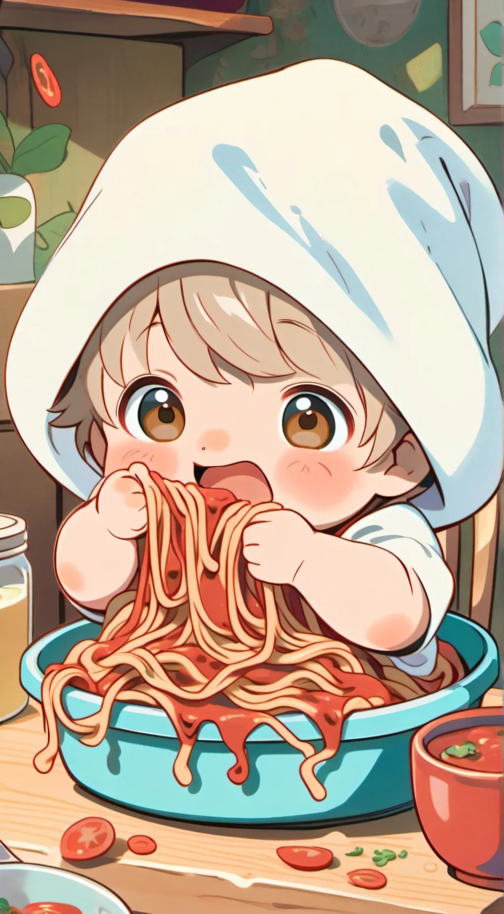 ai character: Spaghetti baby background