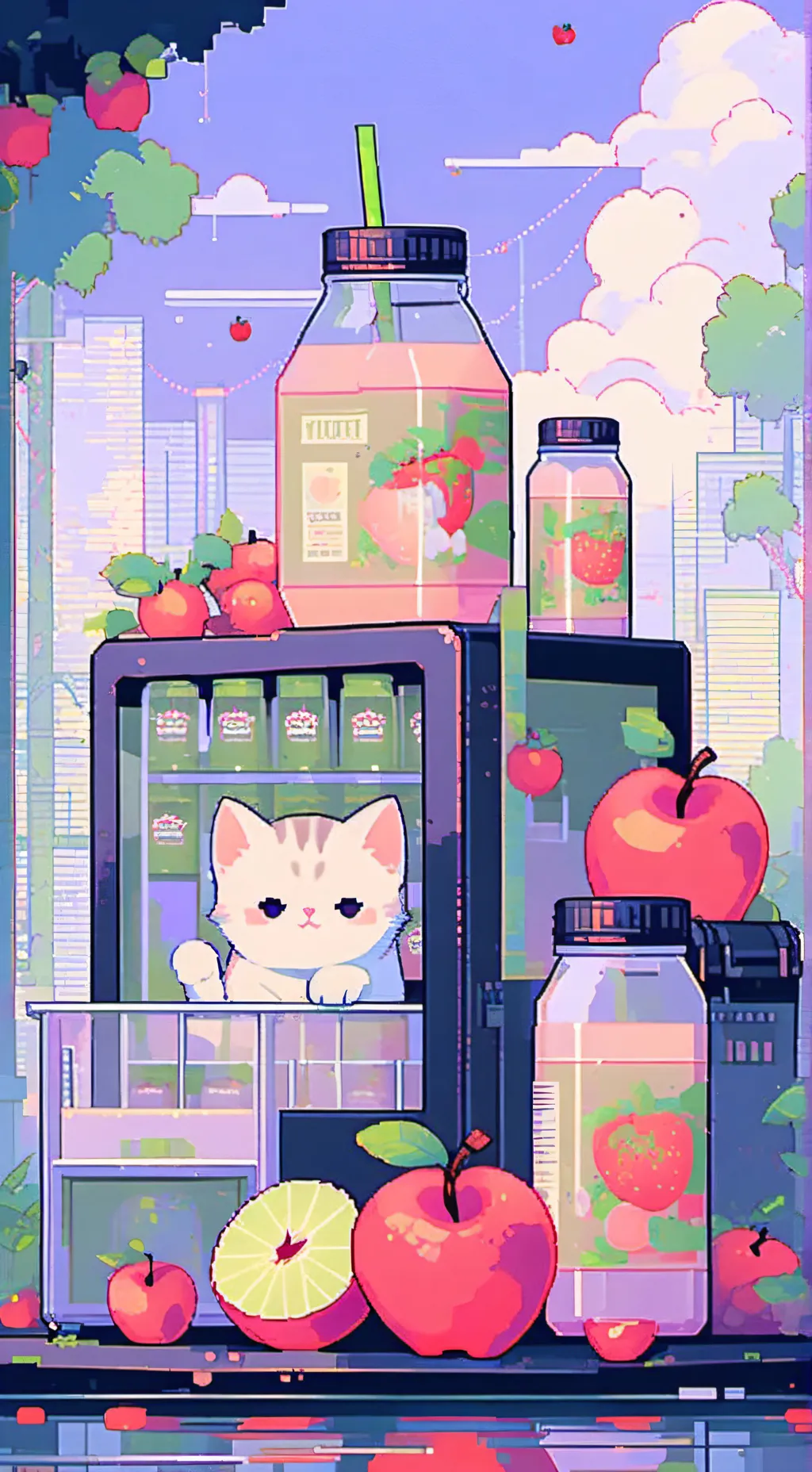 ai character: cat/juice machine background