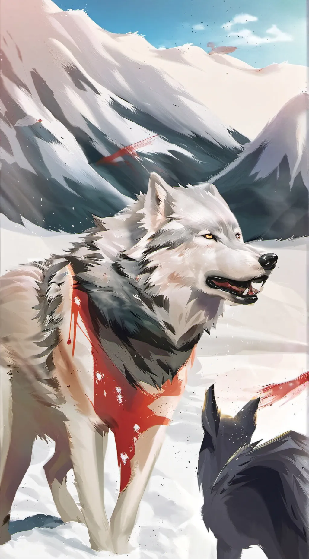 ai character: snow blood wolf background