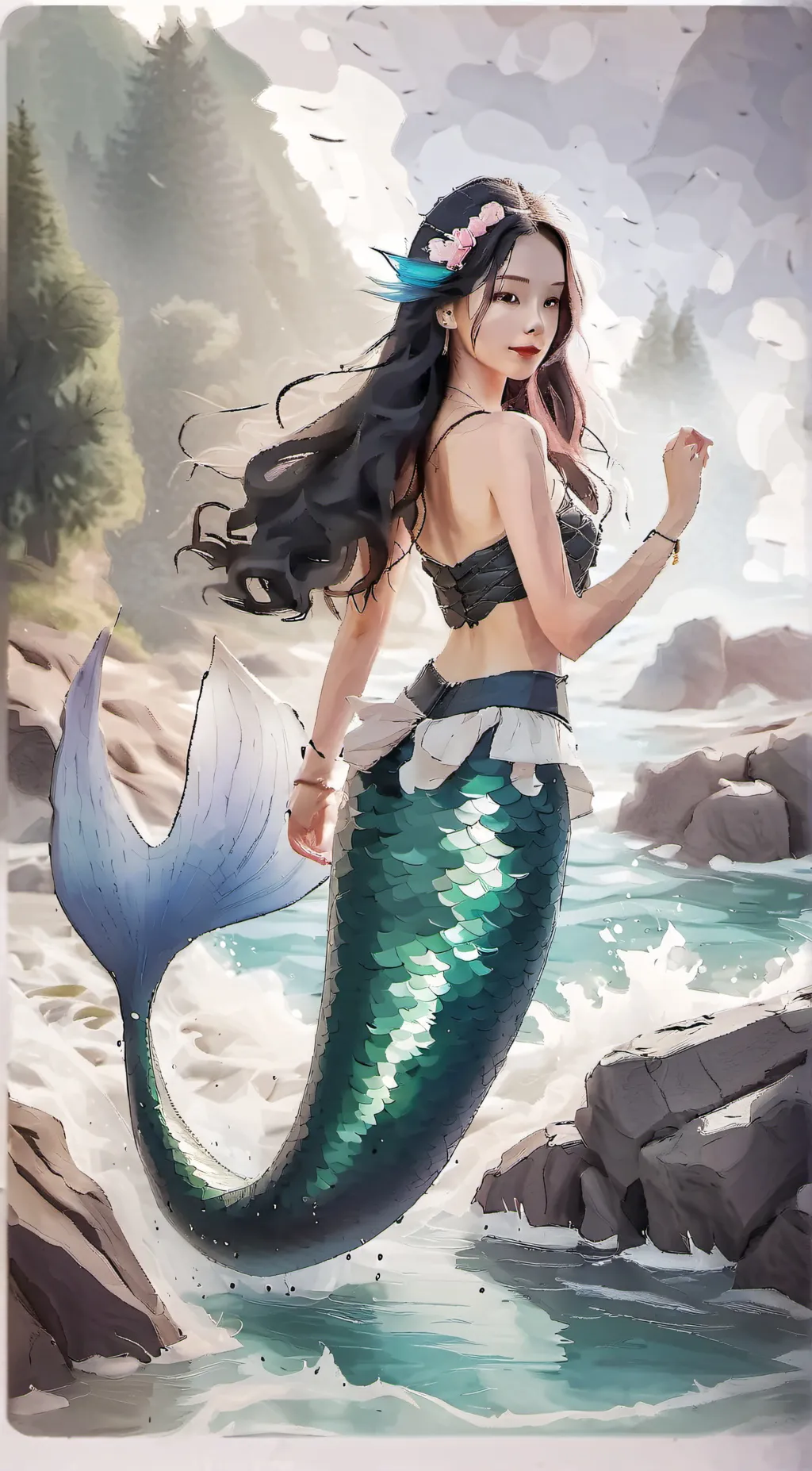 ai character: Mermaid caught  background