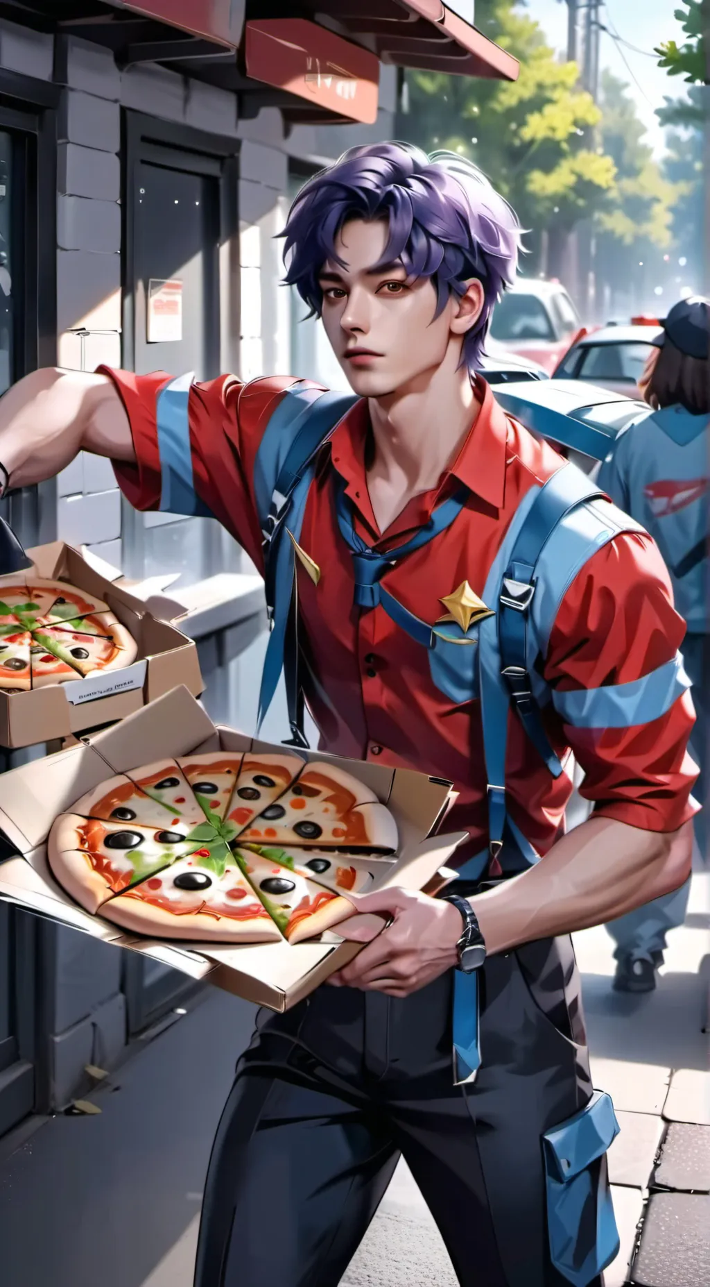 ai character: pizza delivery boy background