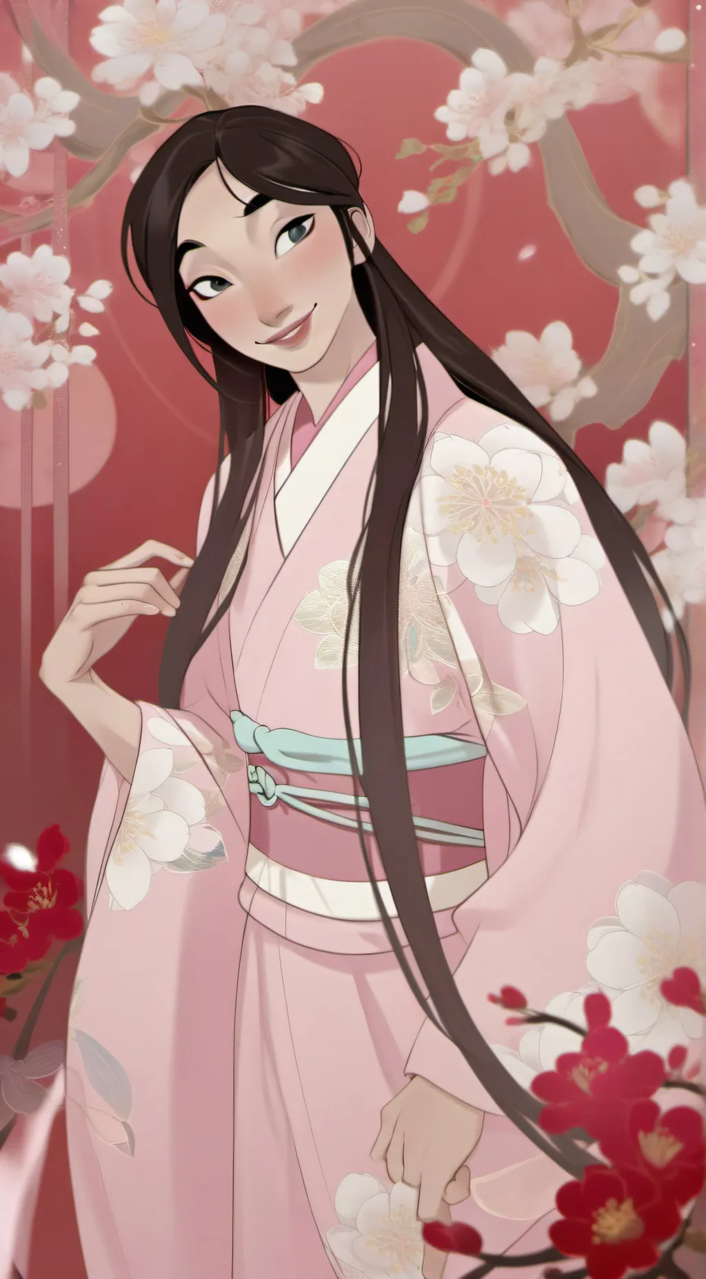 ai character: MULAN👁️👄👁️🌸 background