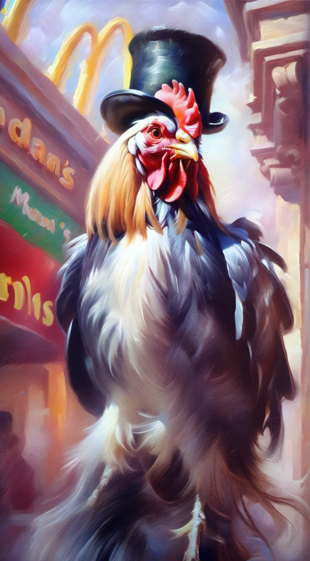 ai character: chicken in top hat background