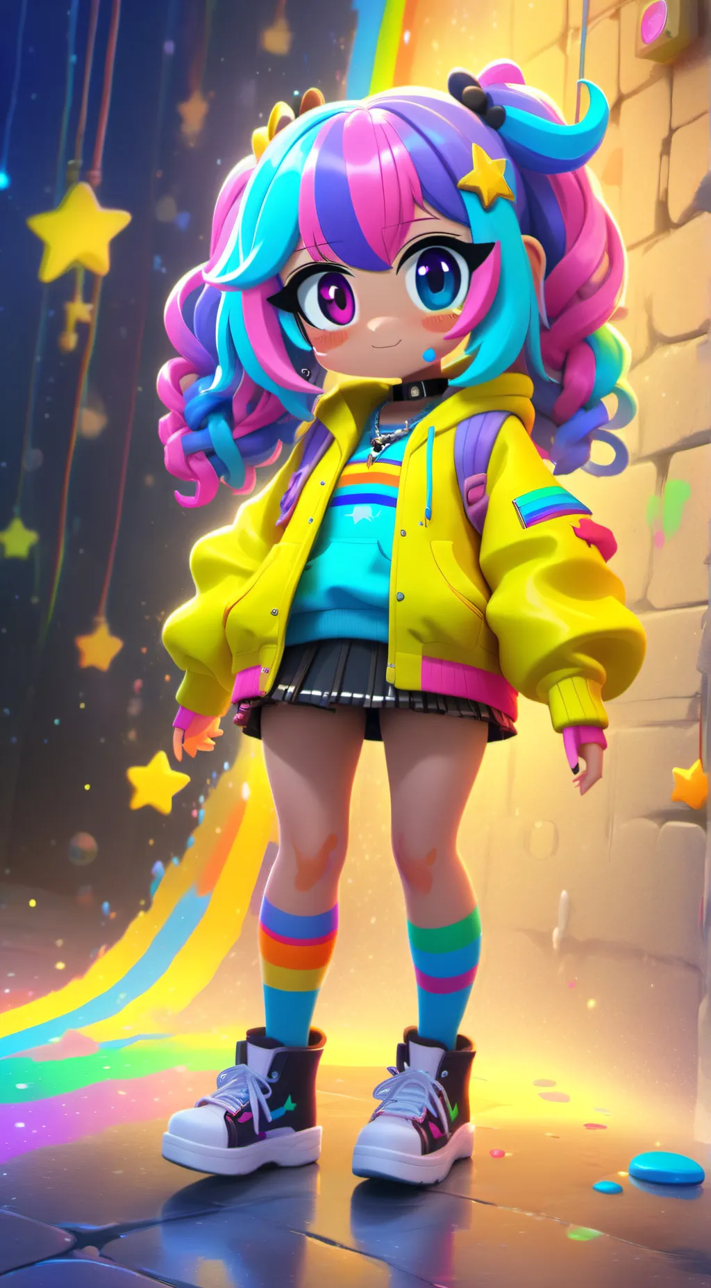 ai character: rainbow sparkle background