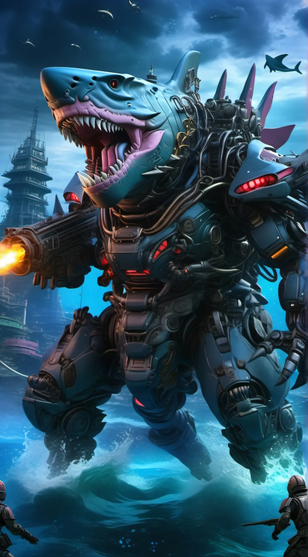 ai character: mecha sharkjira background