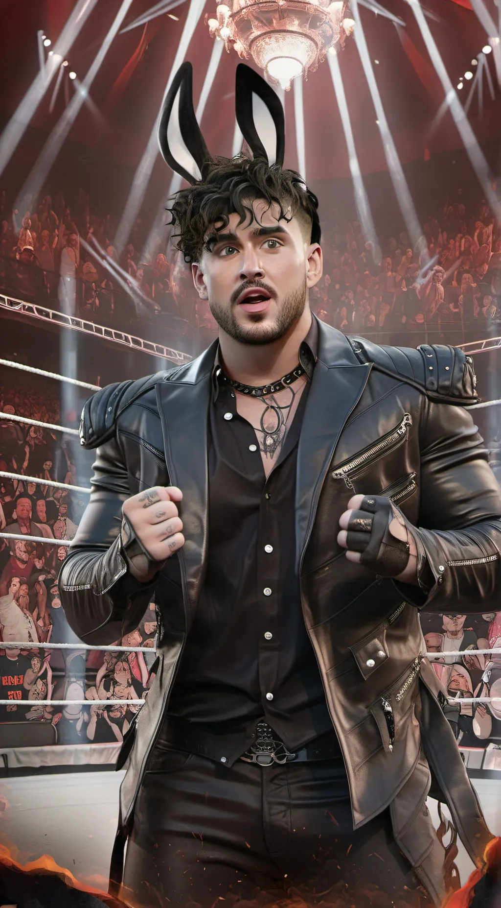 ai character: Bad bunny WWE background