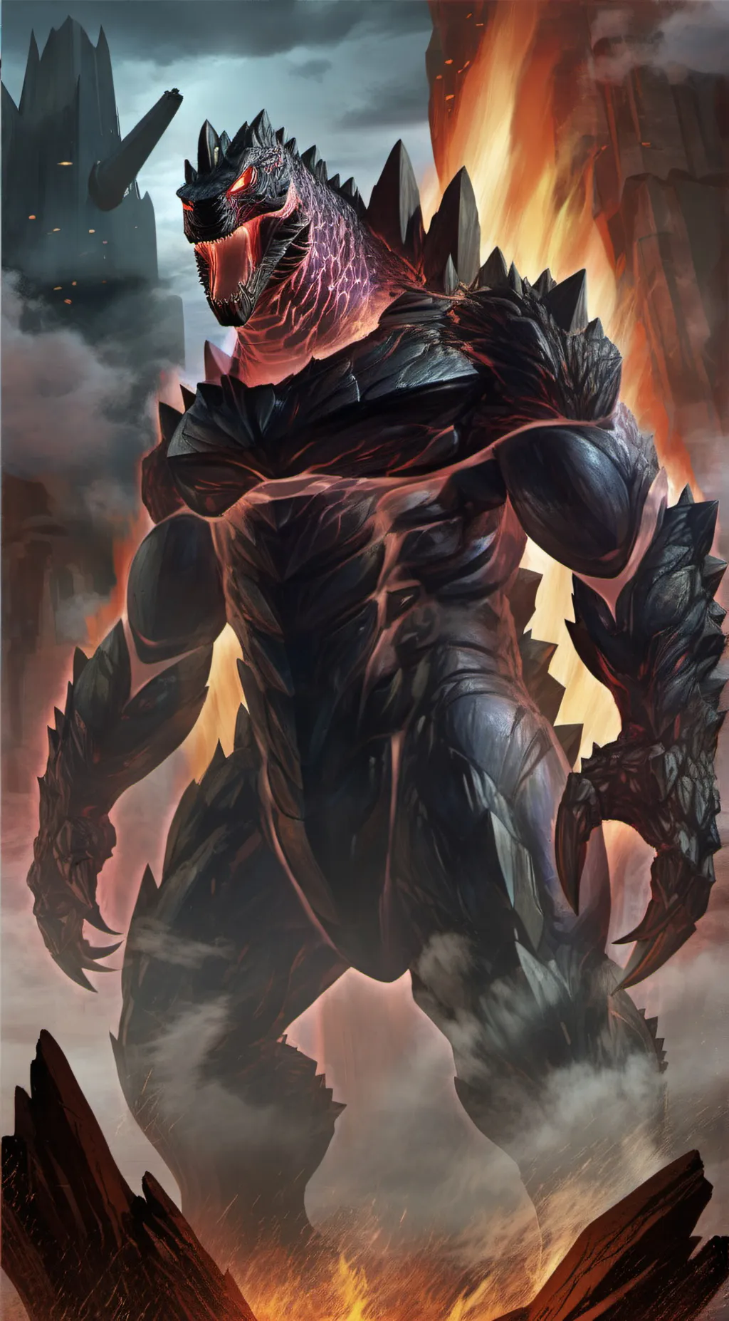 ai character: Godzilla in hell  background