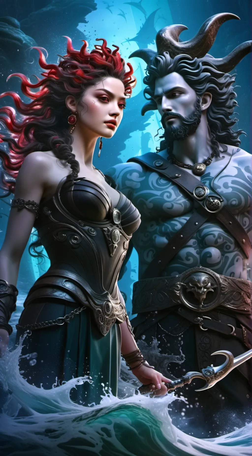ai character: Poseidon an Medusa background