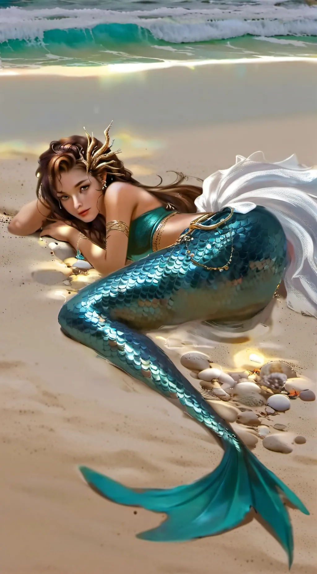 ai character: Beached Mermaid  background
