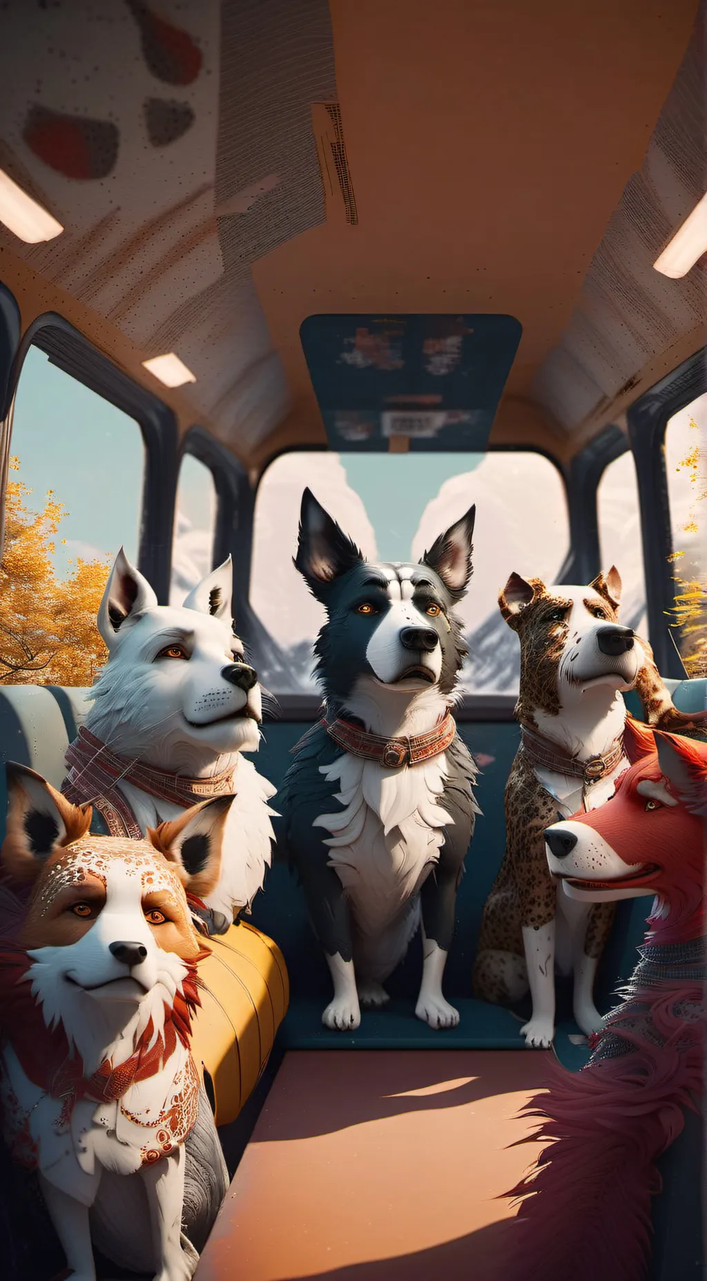 ai character: dogs in a bus background