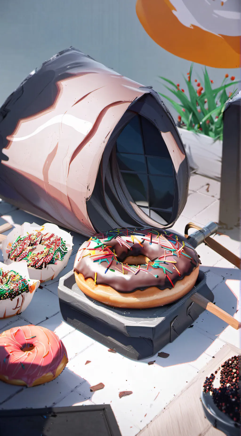 ai character: Donut with bag background