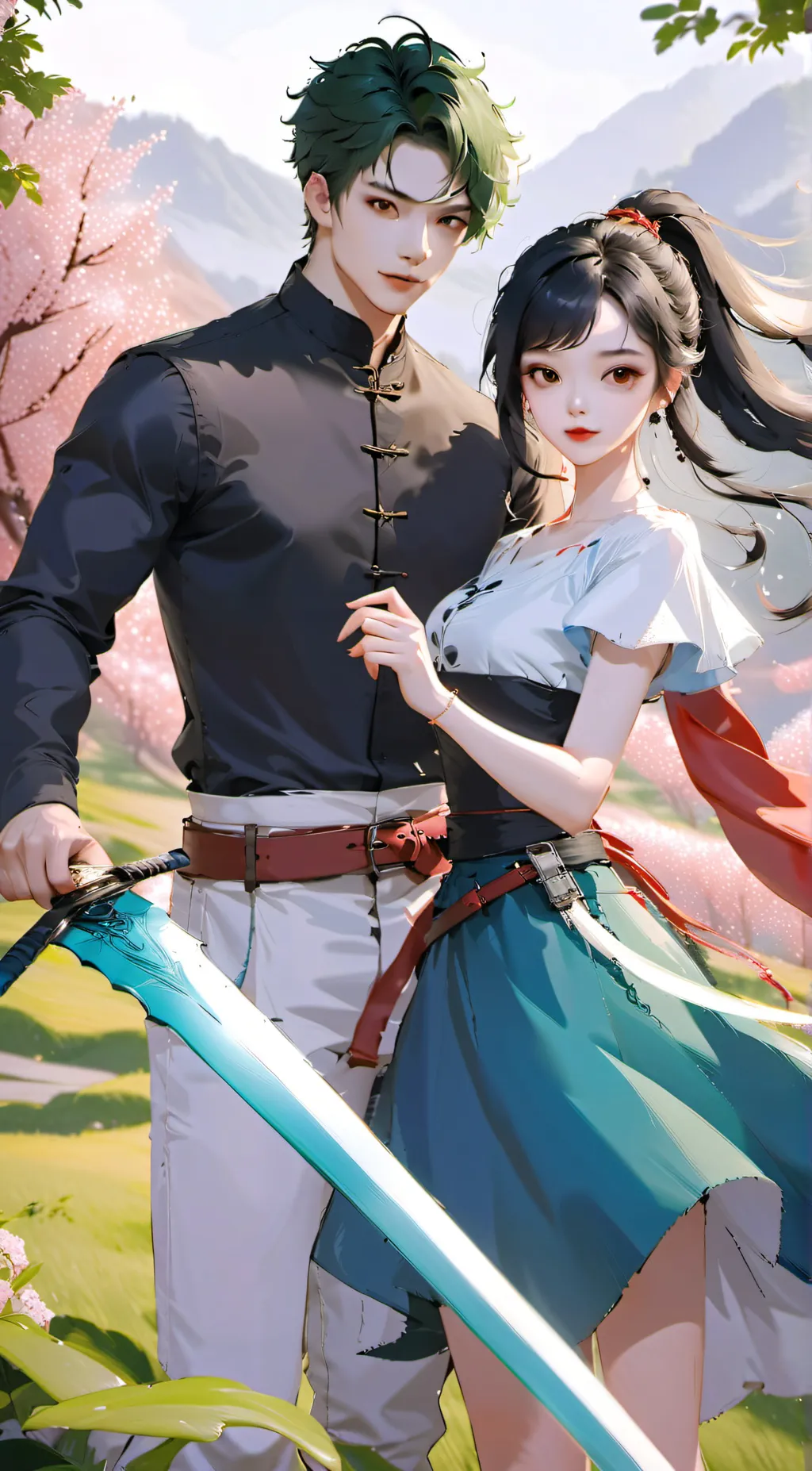 ai character: zoro and robin  background