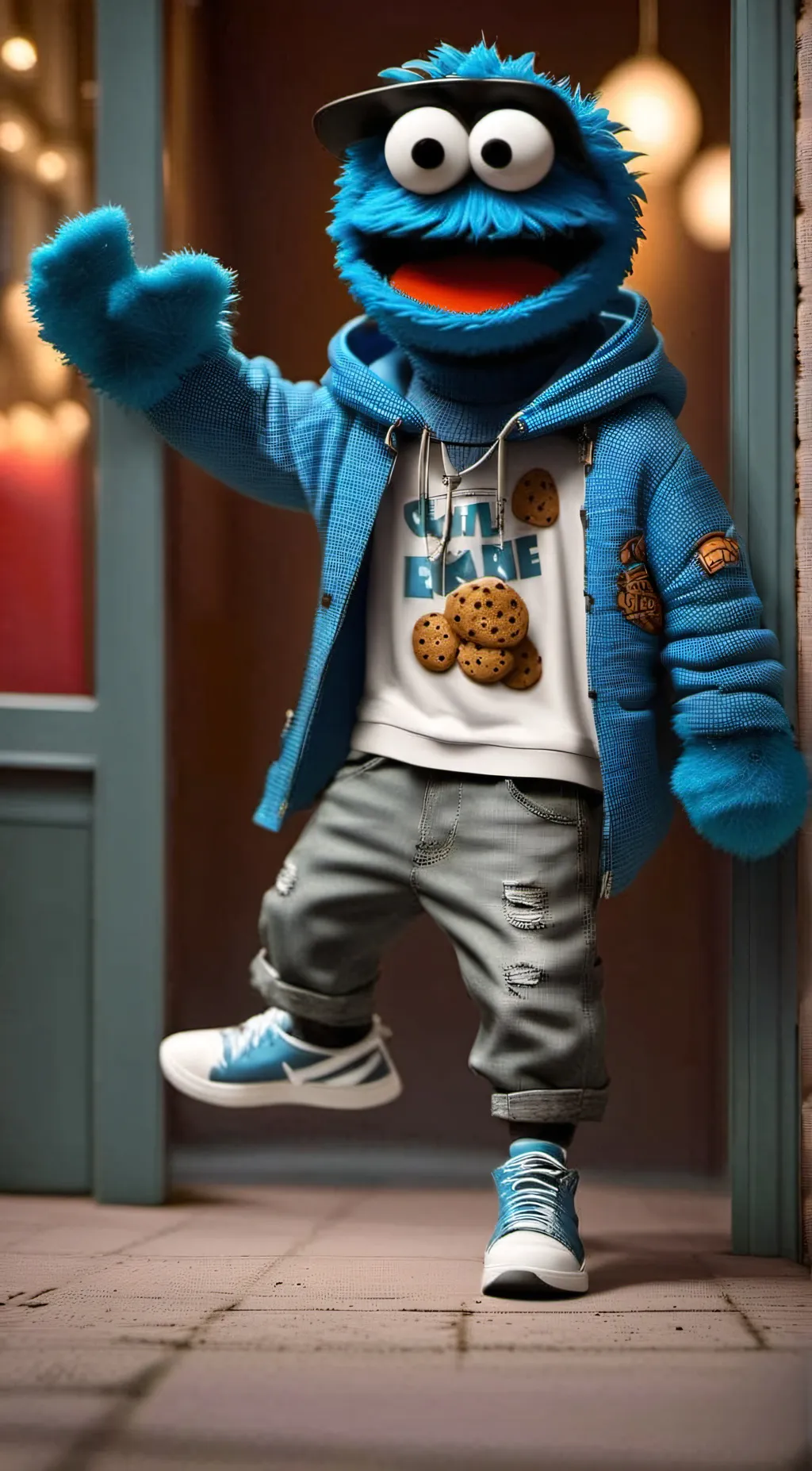 ai character: cookie monsta  background