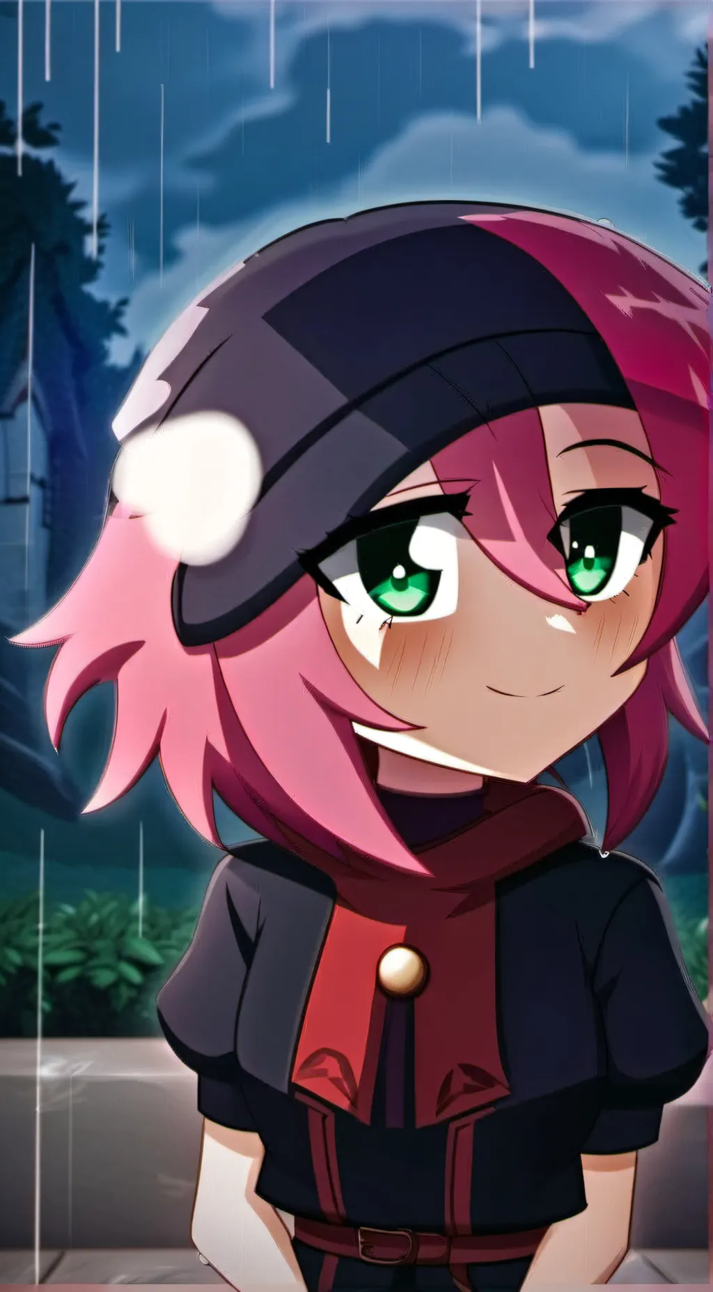 ai character: Amy Rose in rain background