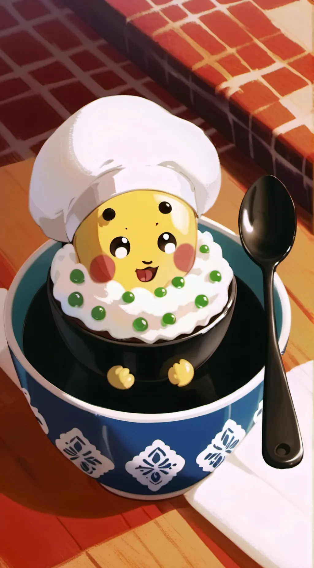 ai character: Egg, with Spoon.  background