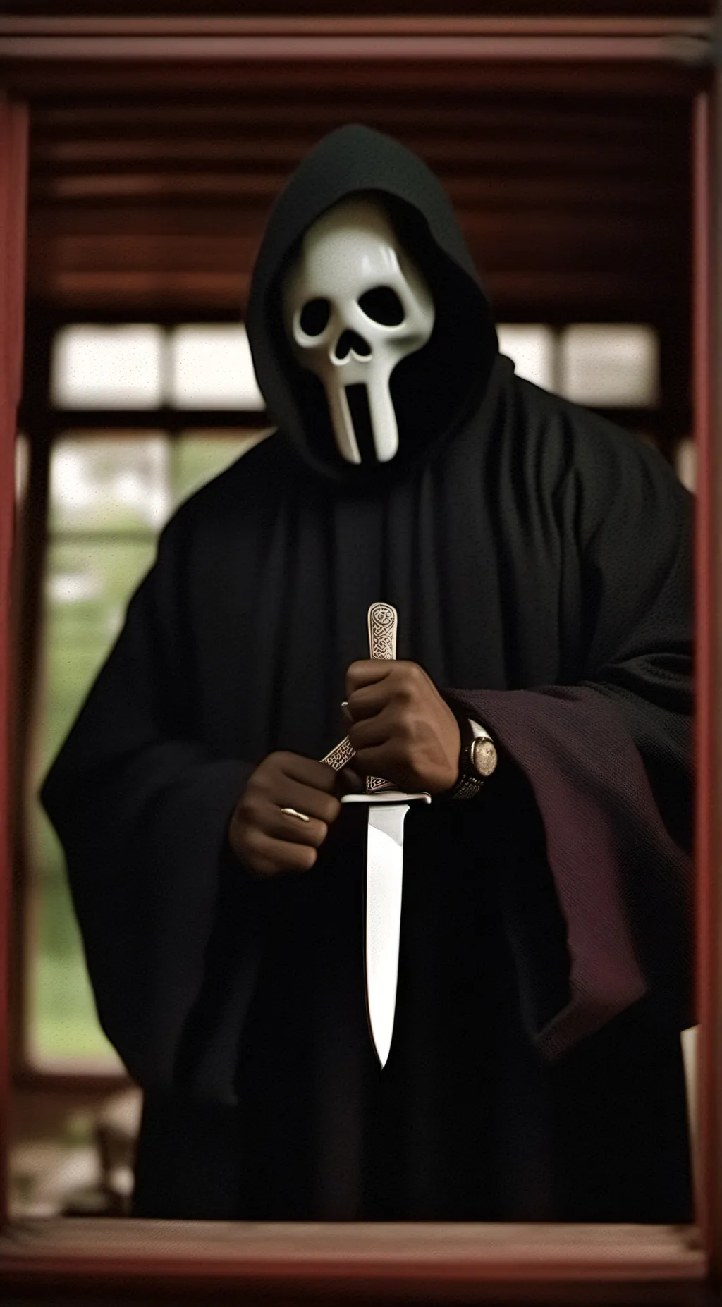 ai character: Ghostface  background