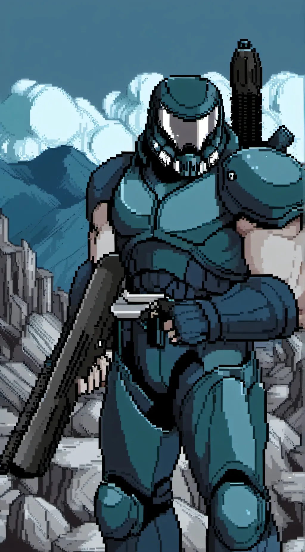 ai character: Blue doom marine  background