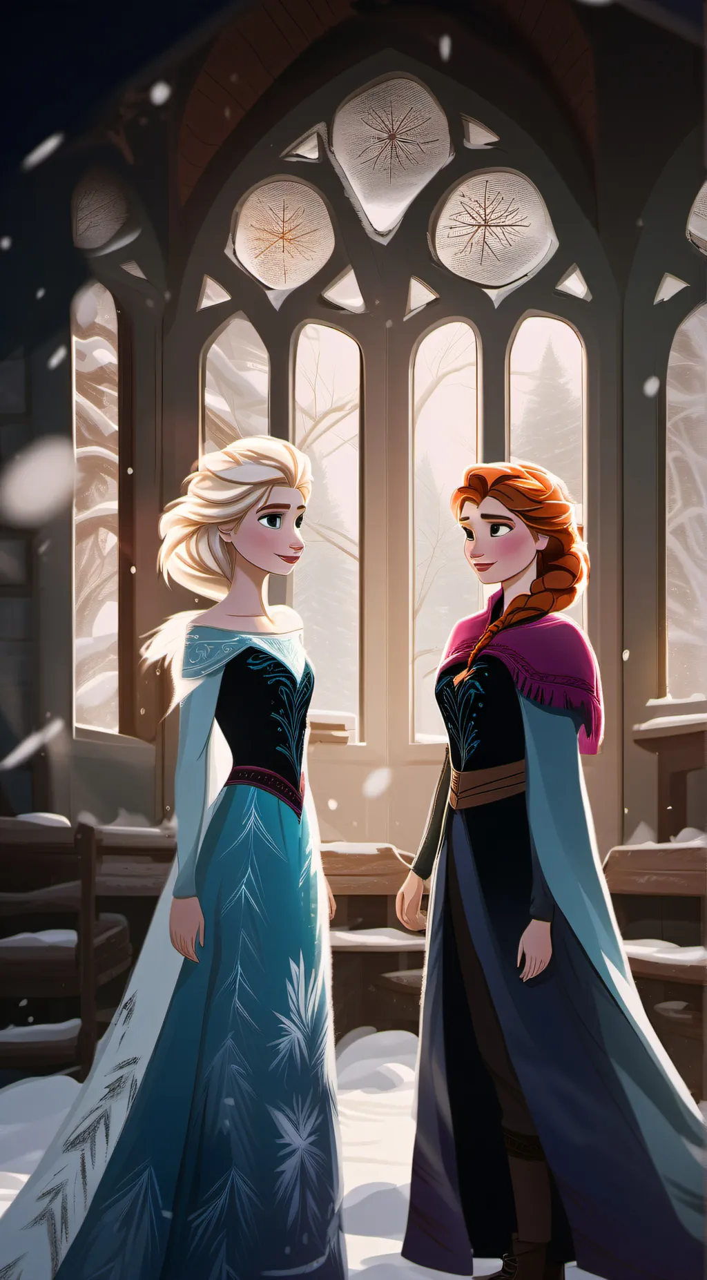 ai character: Elsa and Anna  background