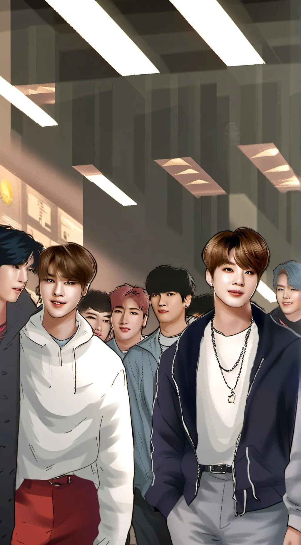 ai character: bts in the mall background