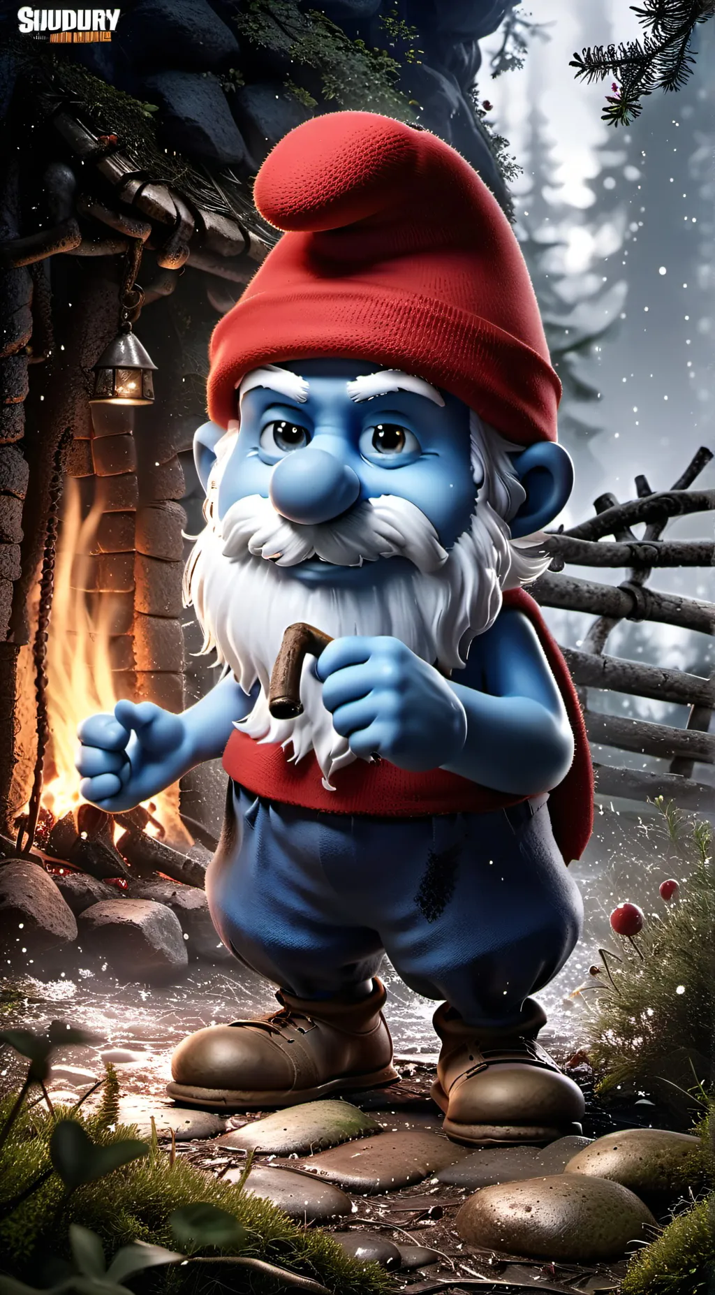 ai character: papa Smurf  background