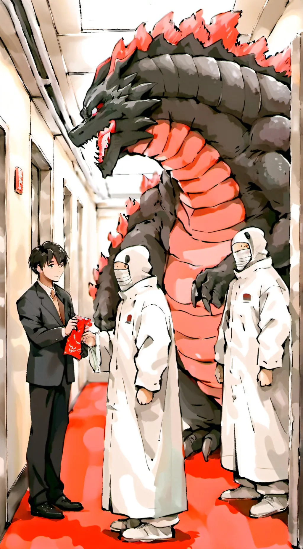 ai character: Godzilla school  background
