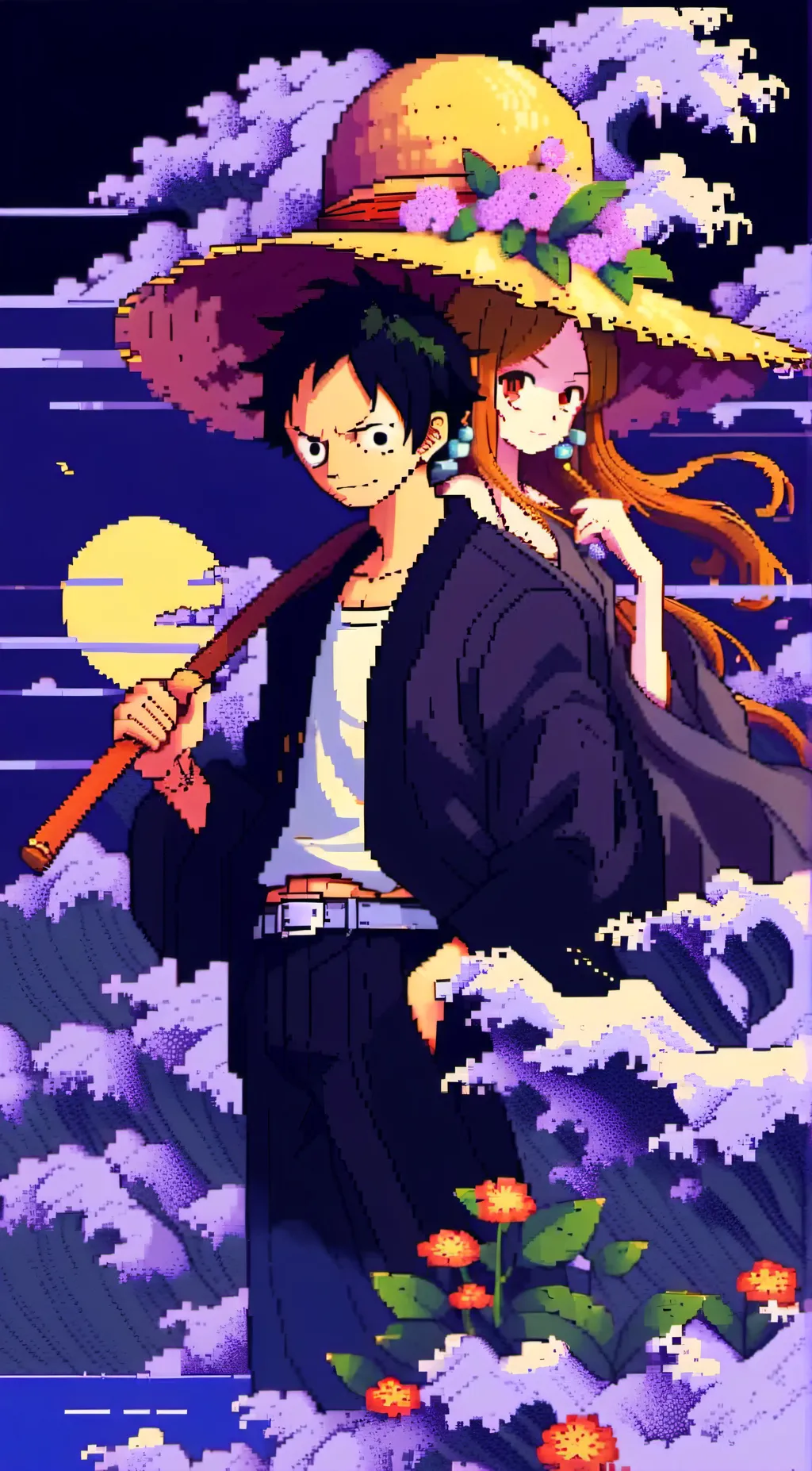 ai character: Luffy and nami  background
