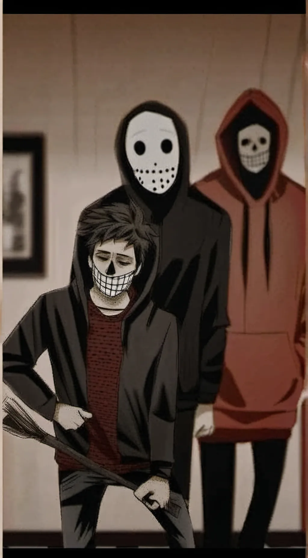 ai character: Masky hoodie Toby  background