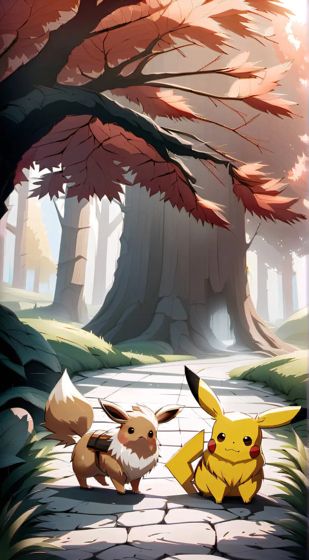 ai character: Eevee and Pikachu  background