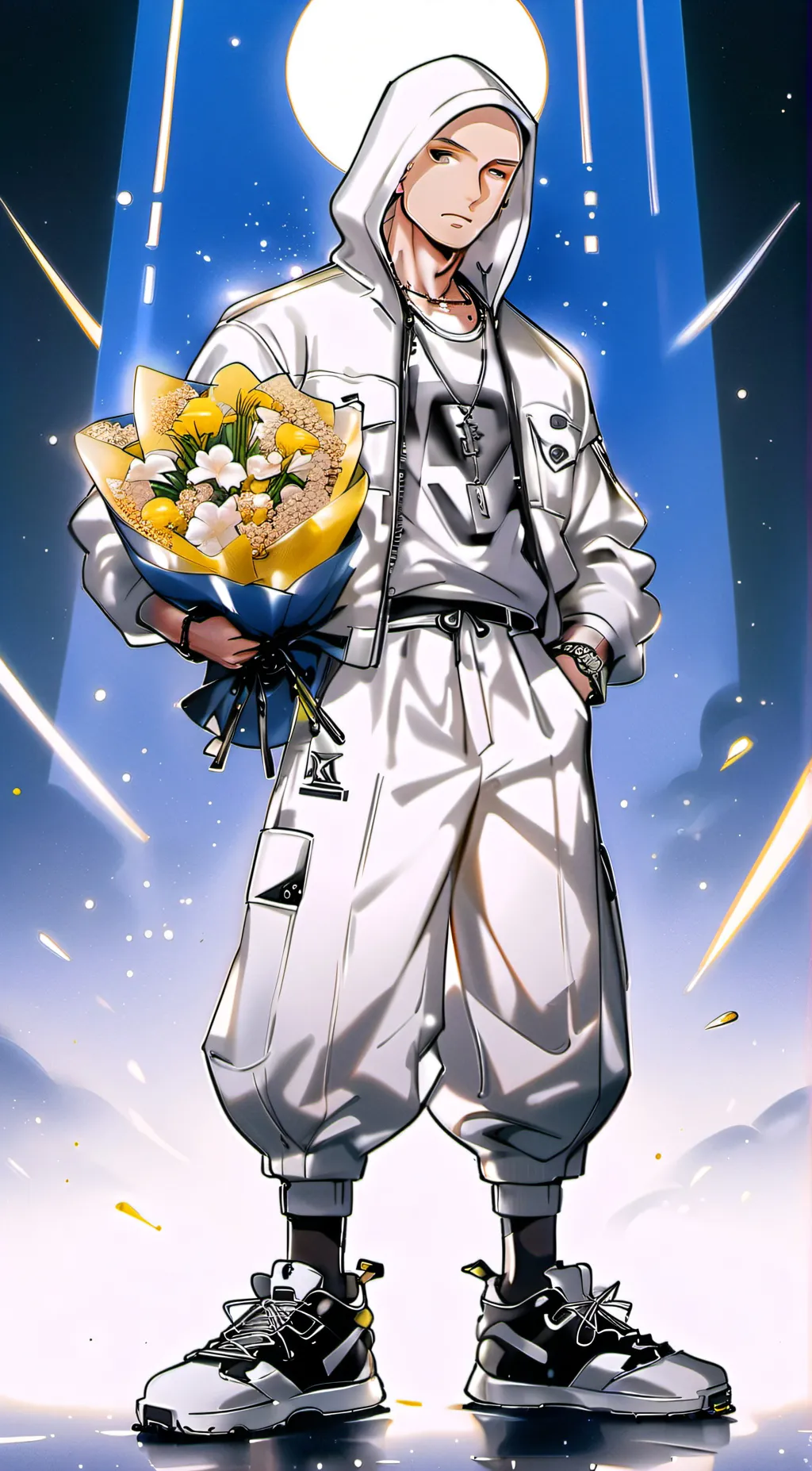 ai character: Em With Flowers background
