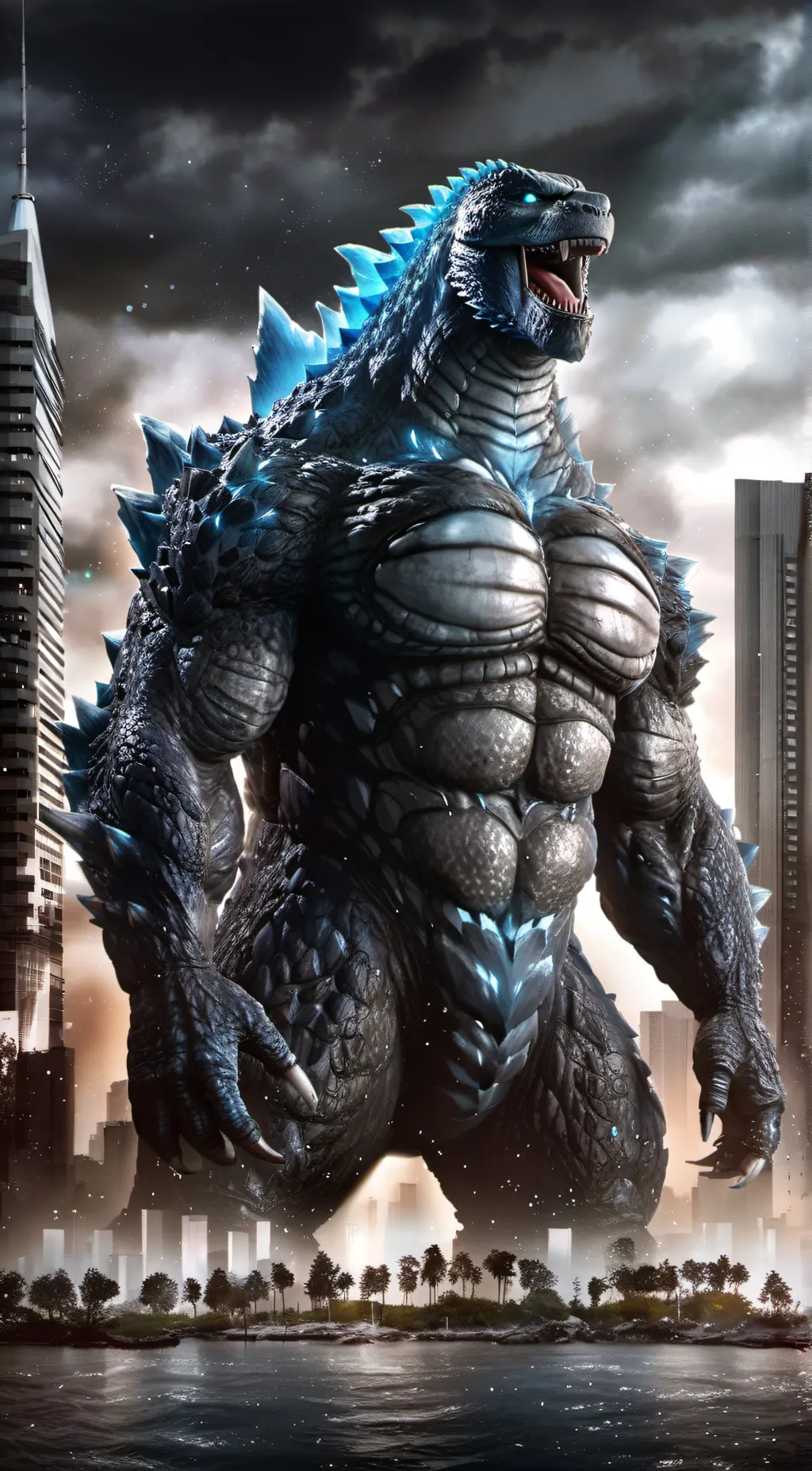 ai character: evan as Godzilla  background