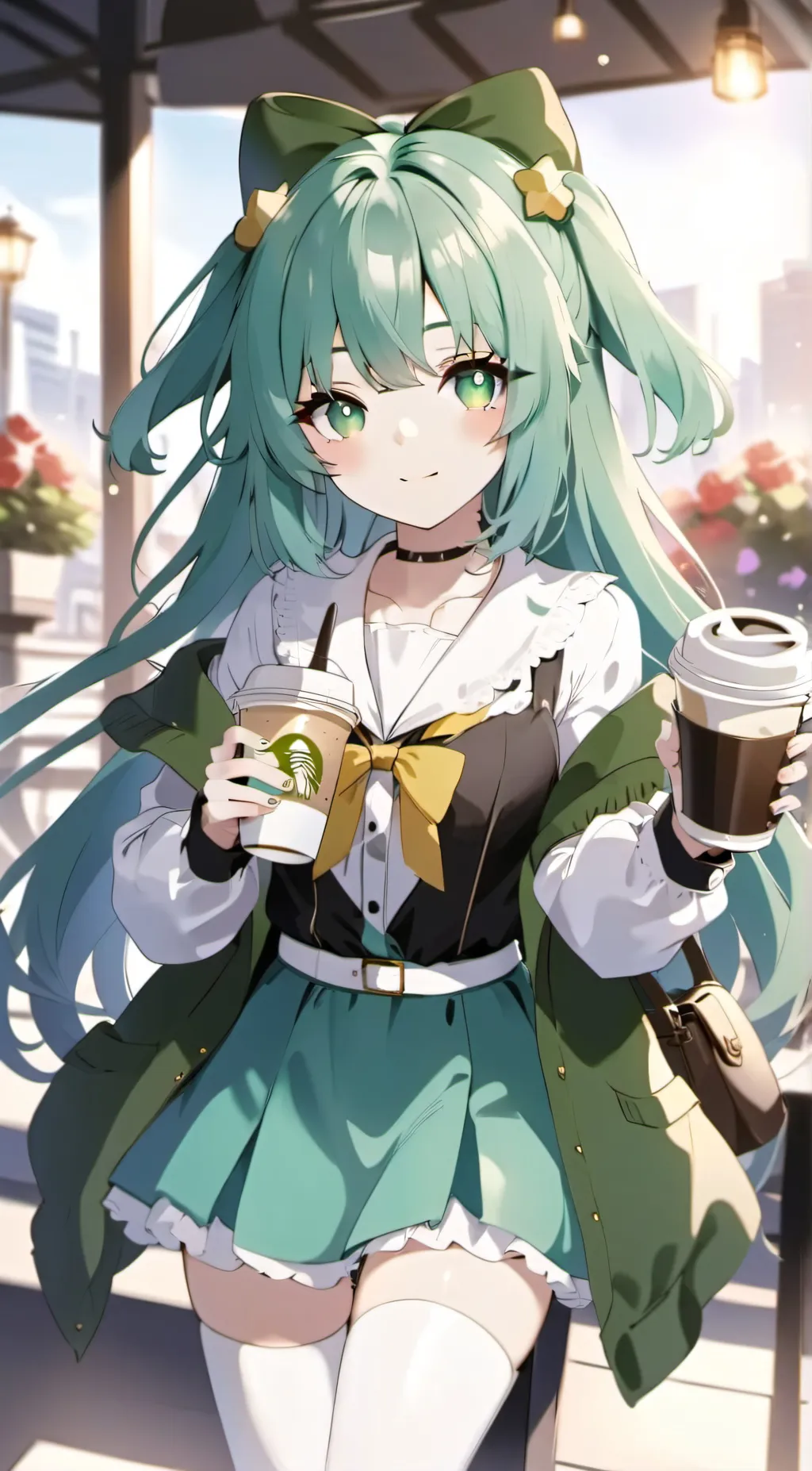 ai character: 3 Starbucks girls background