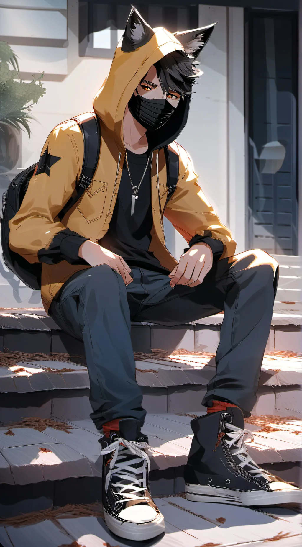 ai character: neko hoodie creepy background