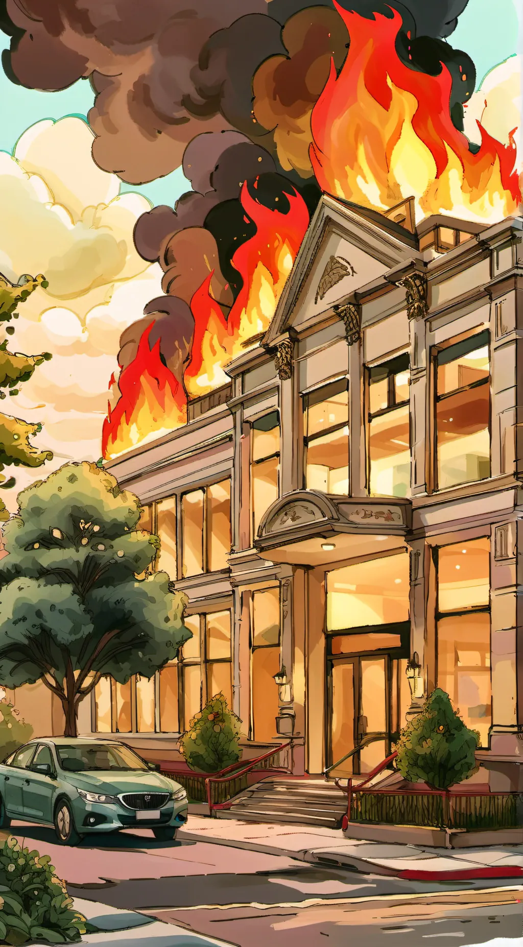 ai character: baldi school fire background