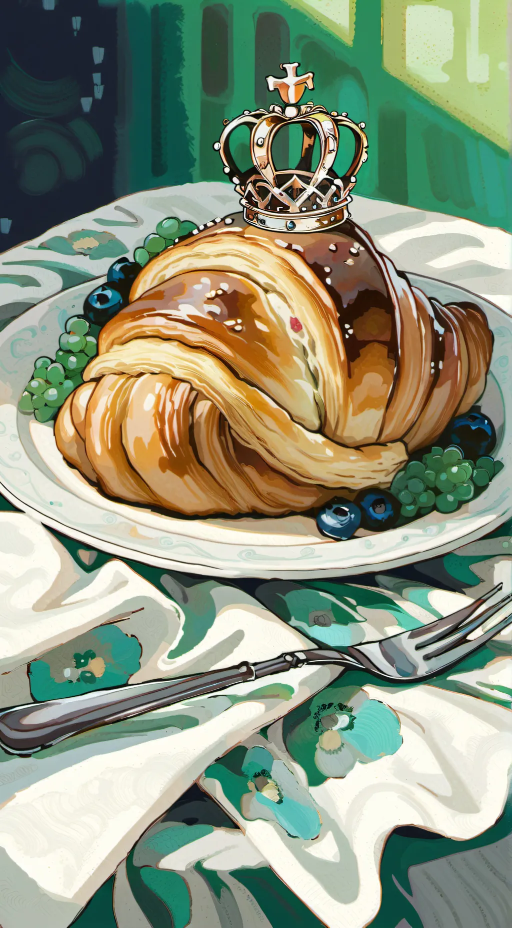 ai character: Croissant King. background