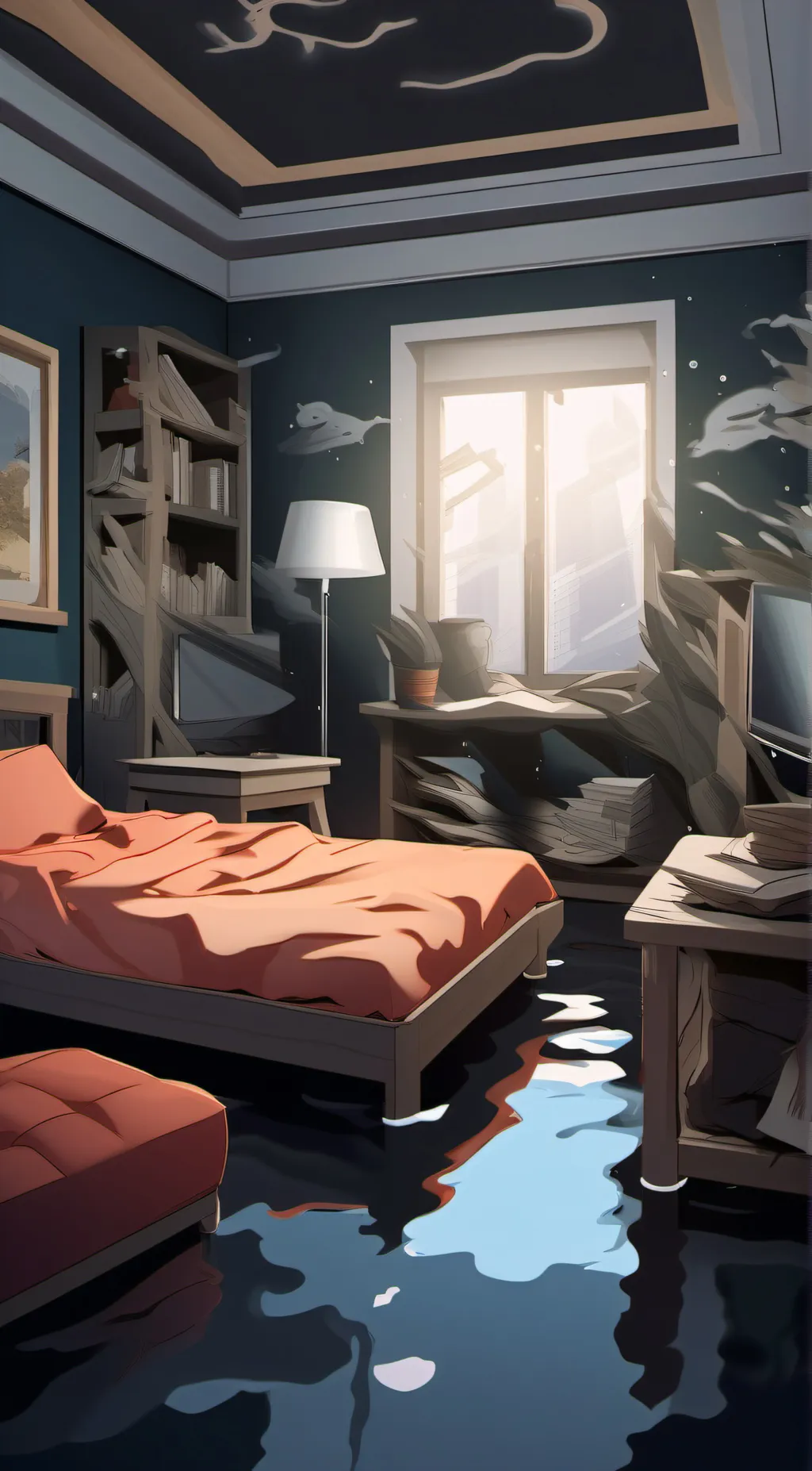 ai character: bedroom flooded background