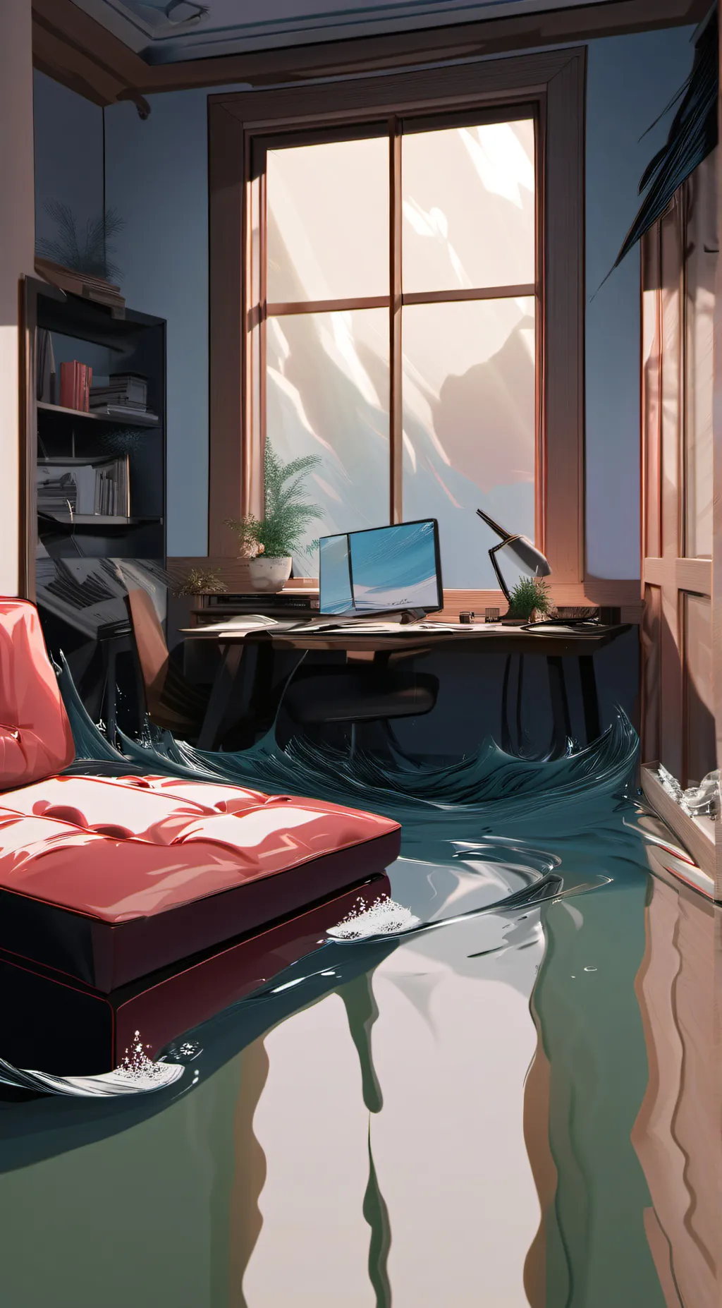 ai character: flooding house background